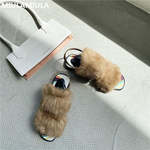 

2020 autumn fashion elegant real hair back strap colorful print bottom flat platform women sandals party casual fur shoes, Black