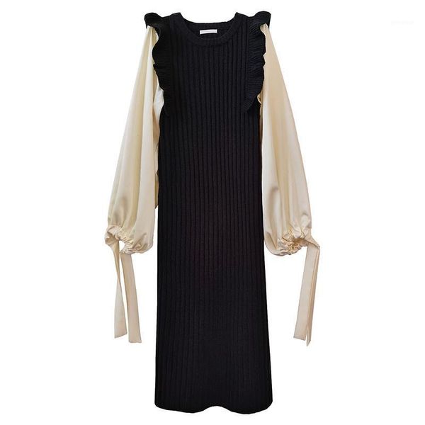 

perhaps u women's dress black pink khaki o-neck lantern sleeve long sleeve knitted patchwork midi dress autumn winter d21771, Black;gray