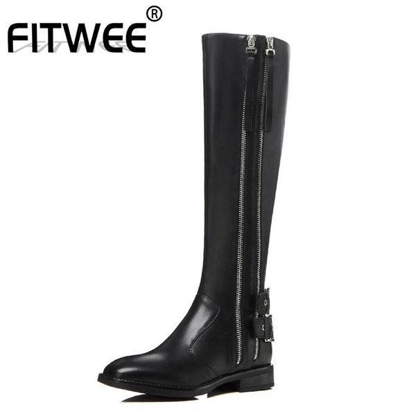 

fitwee women knee high boots real leather zippers buckle black winter boots flats round toe work shoes woman size 34-41