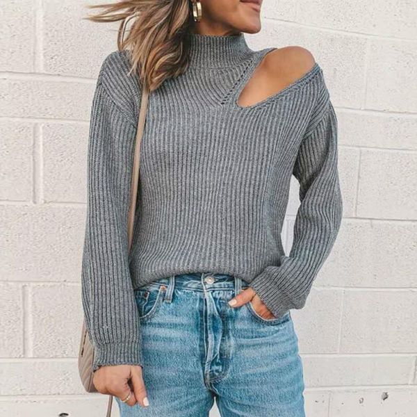 

hollow out long sleeve sweaters women's autumn jumper slim high neck threaded knitted cold shoulder pullovers sweater, White;black