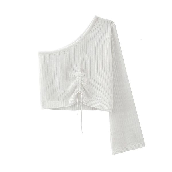 

2021 new mod mesh spring and autumn thin single shoulder slant collar draw trumpet string female sleeve tu3z, White