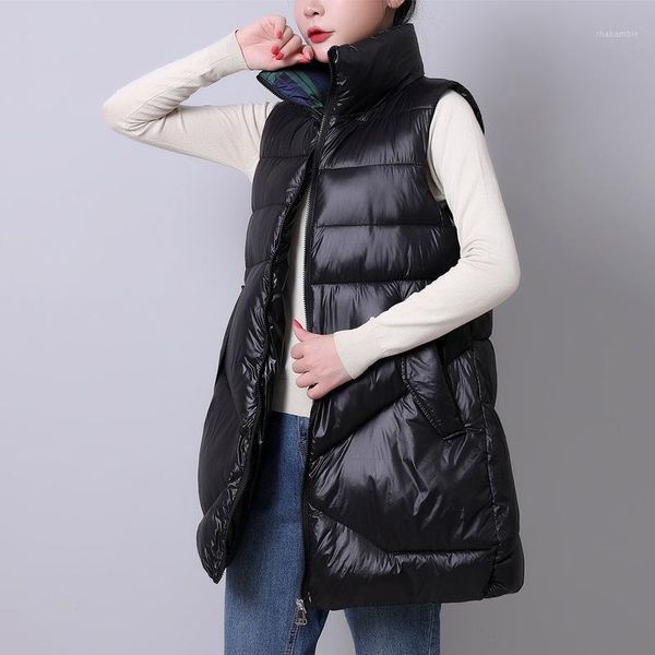 

stand collar winter long vest women solid cotton padded women's sleeveless jacket with zipper thick casual outwear coat female1, Black;white