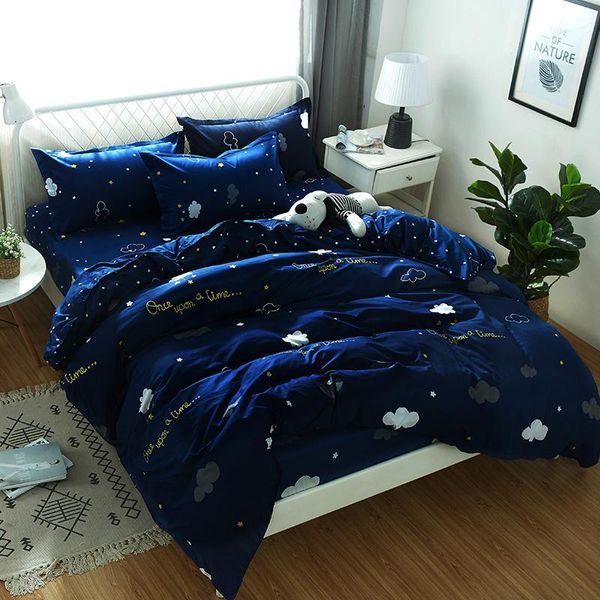 

3/4pcs new style starry sky navy blue bedding sets pillowcase star white clouds duvet cover set fulltwin  king size