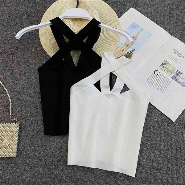 

knitted color solid off shoulder sleeveless camis korean women sweet cute girls style camisole home wear loose, White