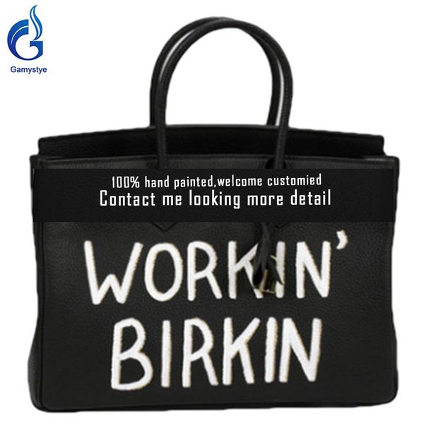 

custom words workin b*rkin art hand painted letter luxury handbags women bags designer big handbag 100% genuine leather handbags