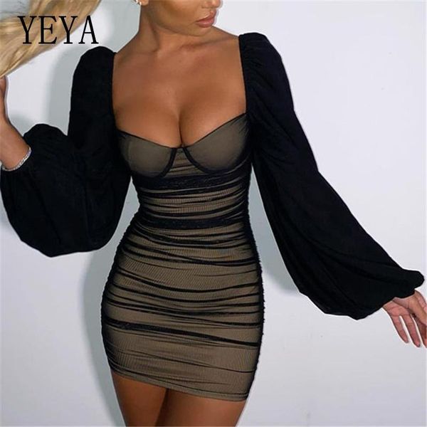 

yeya french romantic elegant puff sleeve mini dresses for women party club wear black low cut dress female, Black;gray