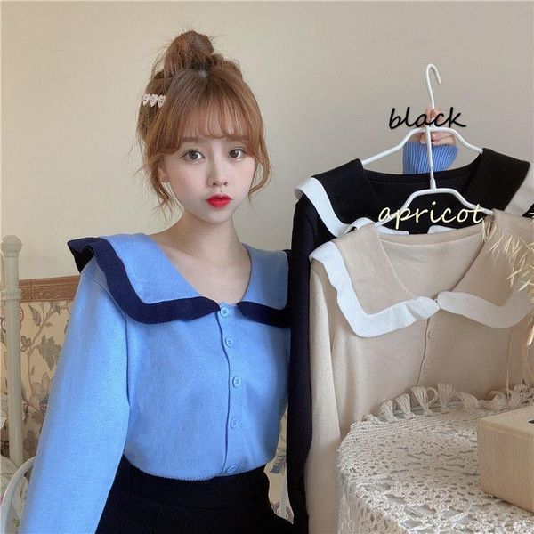 

women's knits & tees 2021 retro autumn sweet knitting cardigans doll collar long sleeve single-breasted contrast color sweater trendy c, White