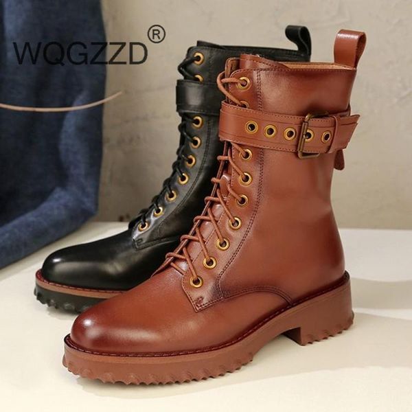 

boots vintage motorcycle women's winter shoes cow leather fashion streetwear metal rivets mid-calf mujer, Black