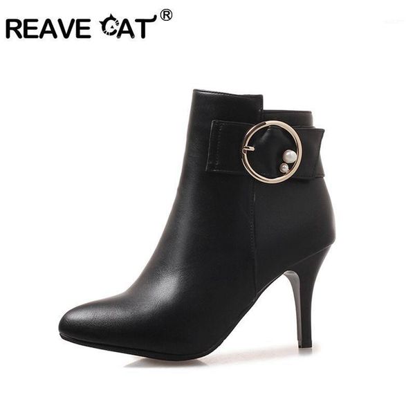 

boots reave cat women spring high heels buckle thin heel short zip party shoes chaussure femme a11241, Black