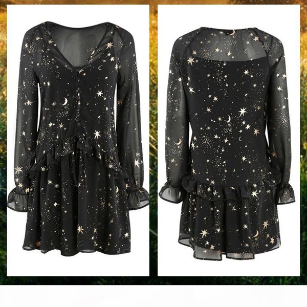 

hdy haoduoyi space star moon v-neck print dress black long butterfly sleeve party dresses loose vestidos spring summer new q190522, Black;pink