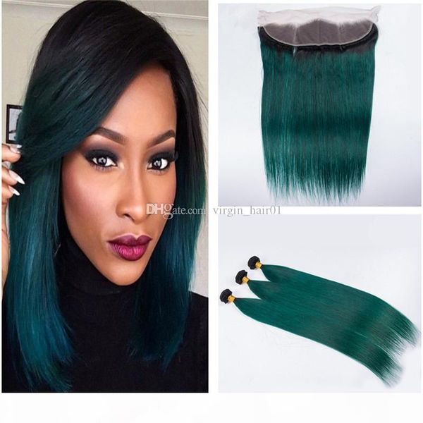 

green ombre lace frontal with bundles two tone green human hair weave with lace frontal closure silk straight hair extension, Black;brown