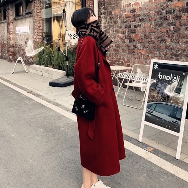 

casual long overcoat fashion solid color sleeve woolen korean coat women jacket red manteau femme hiver woman's clothes ek50wc, Black