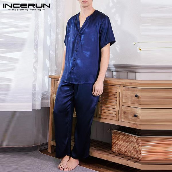 

fashion men pajamas sets solid color homewear short sleeve v neck sleepwear pants casual men nightwear sets clothes incerun 71, Black;brown