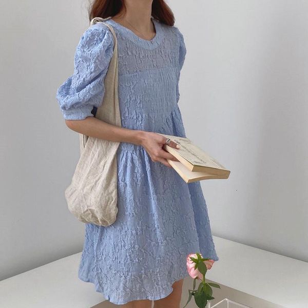 

women summer 2021 vintage ol solid brief chiffon sweet girls pleated puff sleeves new elegance cute dresses, Black;gray
