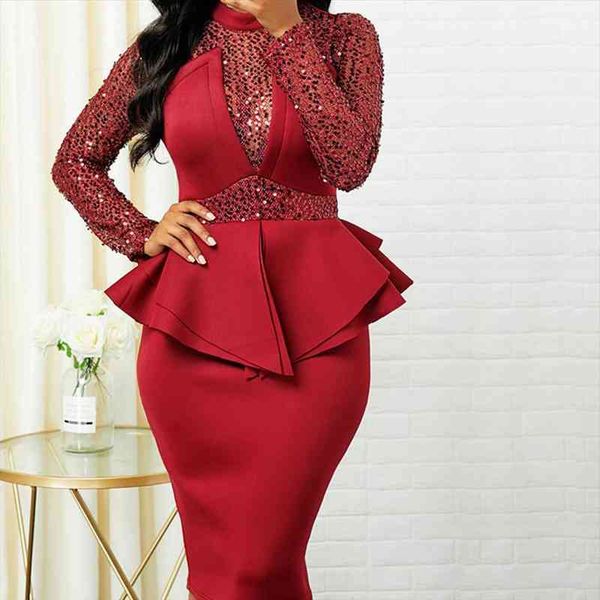 

elegant o-neck collar long sleeve evening dress for women autumn fashion shiny ruffles patchwork ol party dresses 5xl, Black;gray