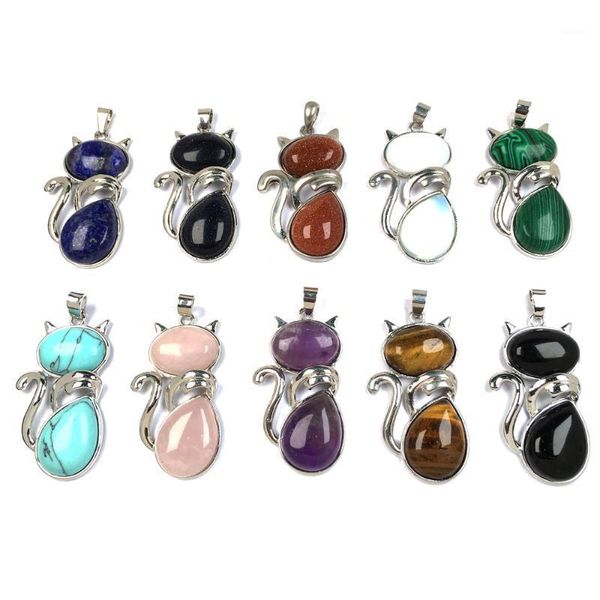 

natural cat shaped semi-precious stone pendants charms pendants for jewelry making diy fit necklaces size 25x45mm1, Bronze;silver