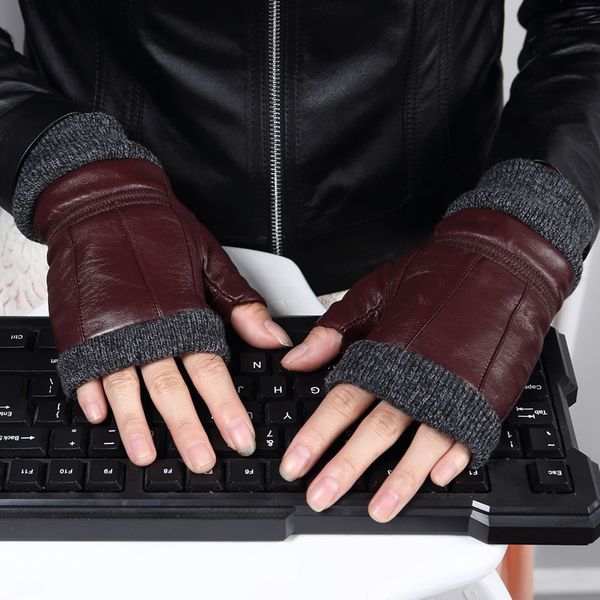 

autumn winter women' genuine sheepskin lady' short design natural leather fingerless gloves r2025, Blue;gray