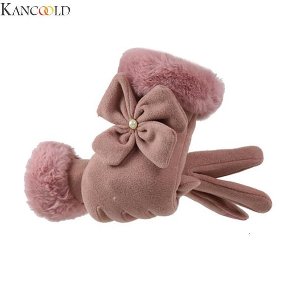 

kancoold new women' bow decoration winter anti-slip elastic cuff soft lining gloves touch screen snow motorcycle warm mittens, Blue;gray