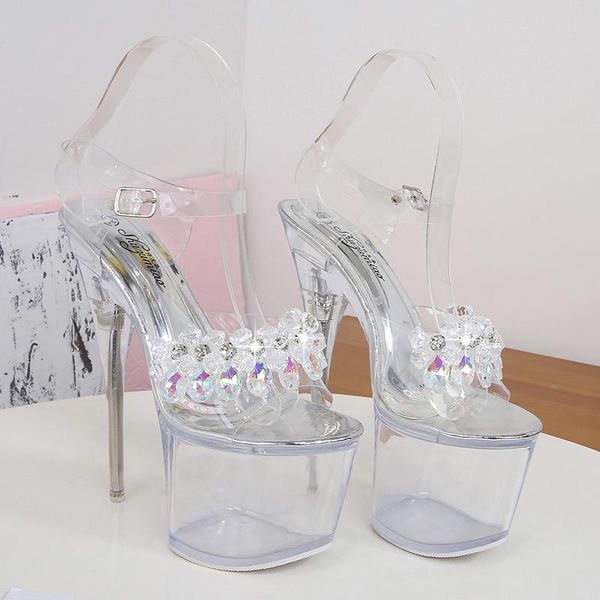 

2021 women summer stripper 15cm 17cm high heels sandals 5cm 7cm platform silver crystal pumps transparent party prom shoes, Black
