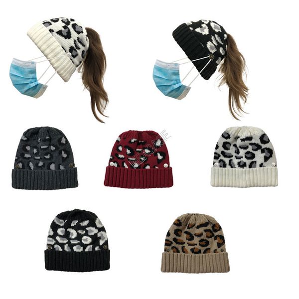 

leopard теплый вязание женщины шапочки дизайнер hat с помощью кнопки face mask череп cap мода хвостик skullies шлем лыжный спорт головных уб, Yellow