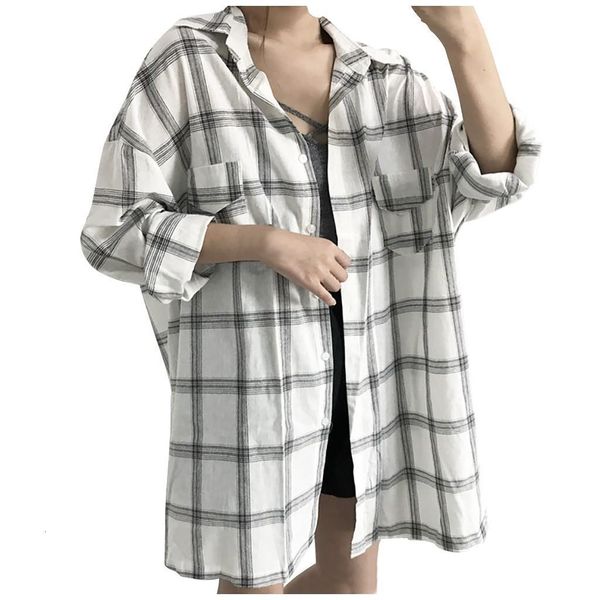 

plaid long sleeve blouses fashion women casual printed loosed polyester koszule damskie camisas tunika bluzki femme, White