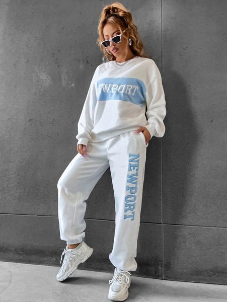 

letter embroidery two tone drop shoulder sweatshirt & pants g4k0#, White