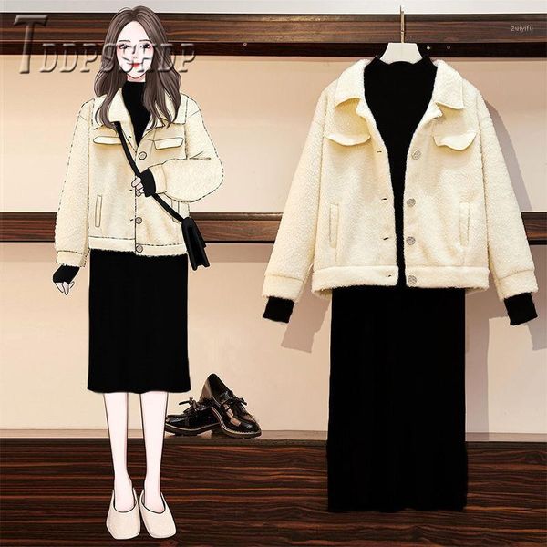 

2019 plus size winter women sets fashion fluff coat and dress female sets1, White