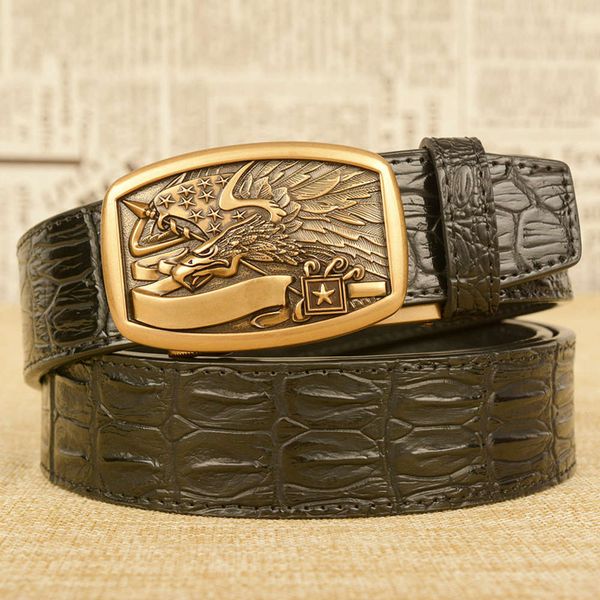 

new personalized crocodile leisure with two layers of cow leather pants and eagle automatic buckle men's belt, Black;brown