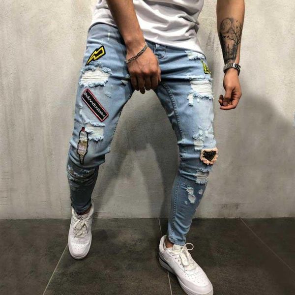 

male badge embroidery knee holes hip hop ripped skinny biker jeans men streetwear destroyed patch stretch denim joggers pants, Blue