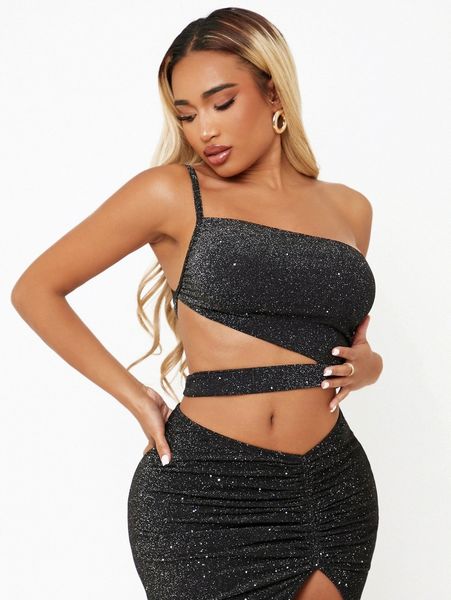 

sxy cutout one shoulder glitter crop s6f3#, White