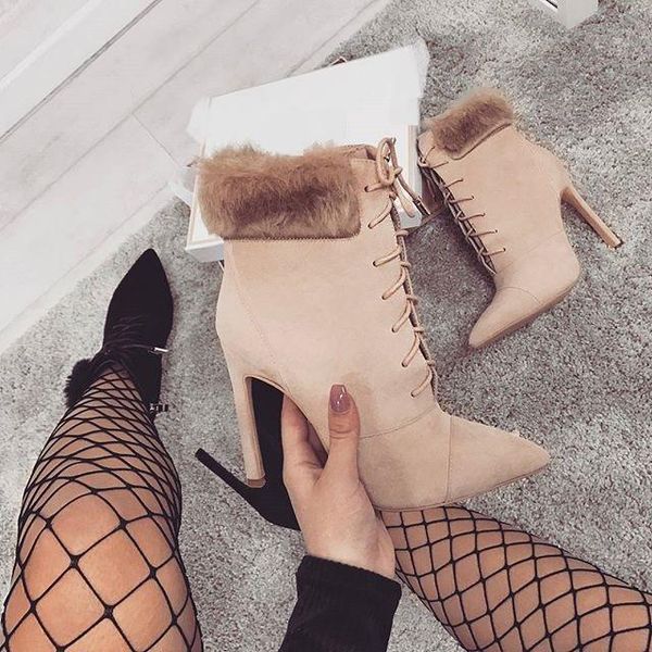 

mature leisure womens boots ankle short thin heels pointed toe vintage boots high solid flock winter big size shoes, Black