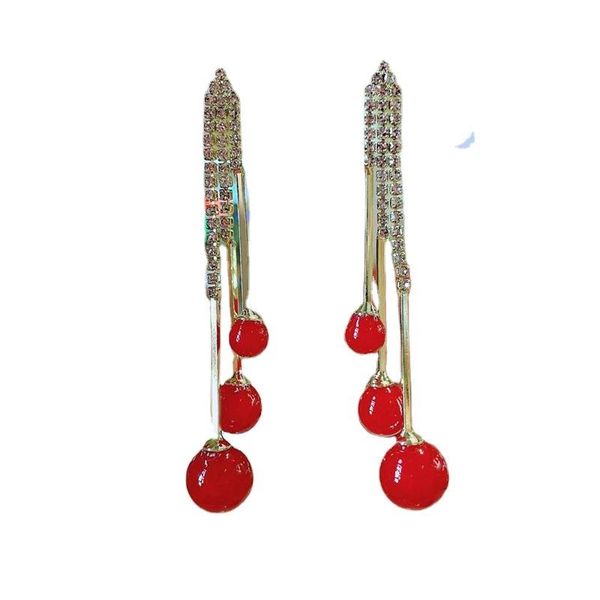 

timronly romantic imitation pearls drop earrings red cherry bling rhinestone long tassels earring for women ladies jewellery, Silver