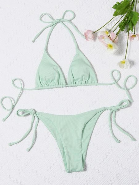 

rib halter tie side bikini swimsuit n293#, White;black