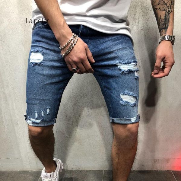 

new summer denim shorts men cotton solid straight male blue short hole frayed knee length jeans1