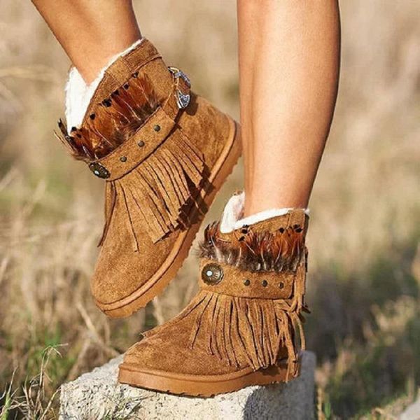 

boots snow women winter plus fur keep warm ladies flat ankle platform fringe feather punk female cotton shoes botas mujer, Black