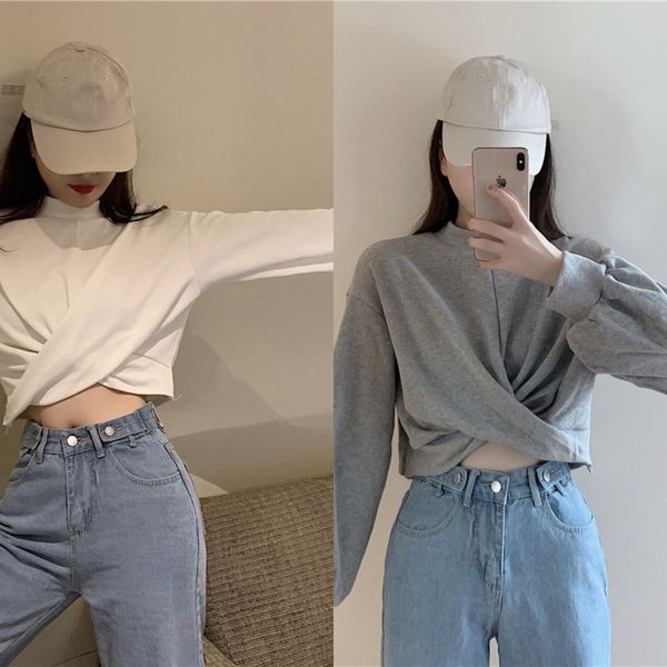 

g6xev cross kink high waist navel pullover slimming casual coat loose short coat sweater round neck 2019 short autumn ahpab, Black