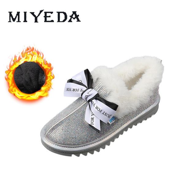 

warm winter boots women round toe shallow sweet bowknot metal buckle bling crystal sparkling slip-on plush furry flat boots, Black