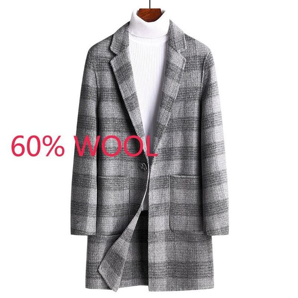 

new autumn winter men plaid double faced wool coat long cashmere woolen windbreaker casual thick size mlxl2xl3xl, Black