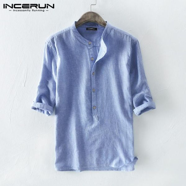 

incerun mens shirt striped cotton breathable 3/4 sleeve 2020 stand collar harajuku vintage brand shirts men chemise streetwear1, White;black