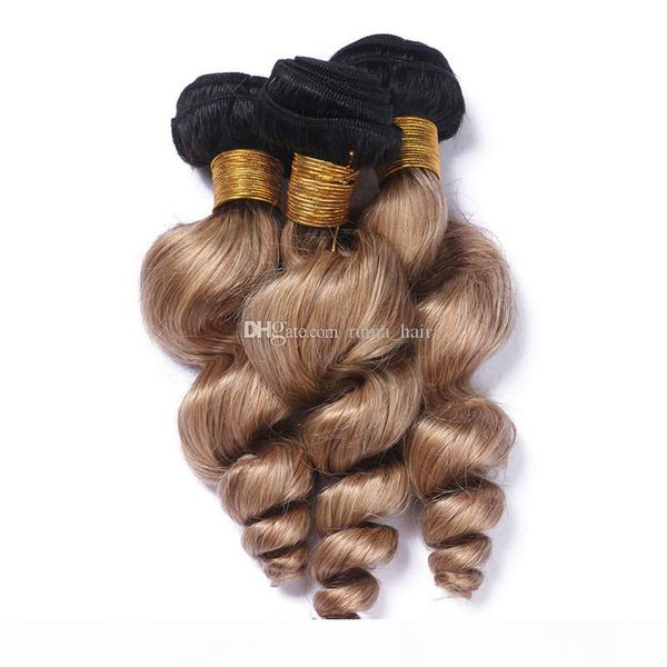 

brazilian virgin hair weaves 1b 27 honey blonde virgin hair extensions 3pcs lot loose wave wavy ombre hair weaves, Black;brown