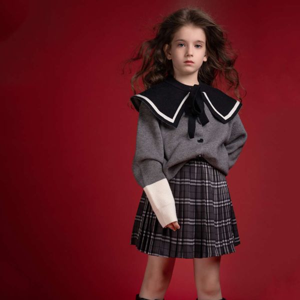 

new navy cuhk collar solid 2020 children's wear british girl's thickened sweater skirt suit, Blue