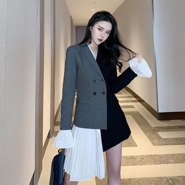 

2020 autumn winter coat new fashion women blazer full sleeve patchwork button draped irregular hem long blazer outerwear, White;black