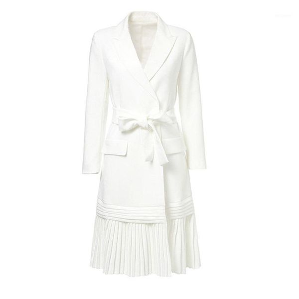 

2020 autumn and winter new style temperament white folds mid length suit women's jacket lace up thin windbreaker dress tide c5421, Tan;black