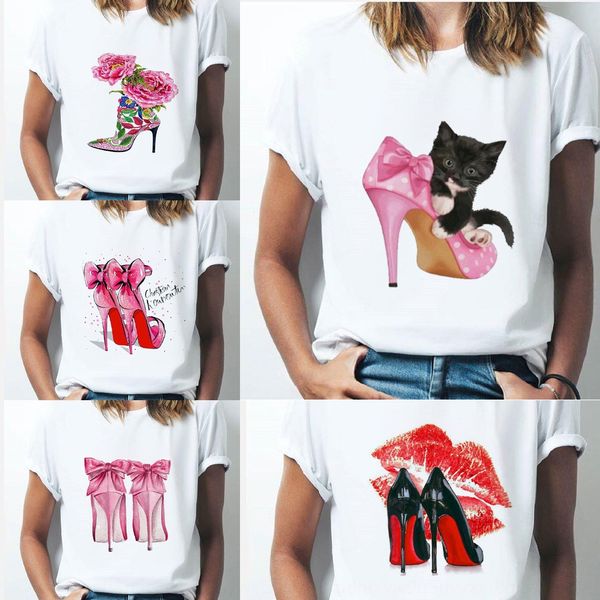 

t-shirt red lip high-heeled shoes printed short high-heeled shoes high heel sleeve t-shirt / fnewe, White