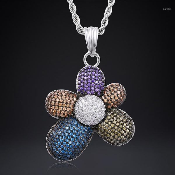

out cubic + zircon lucky flower pendant necklace with rope chain hip hop silver color charm gift jewelry for men women1