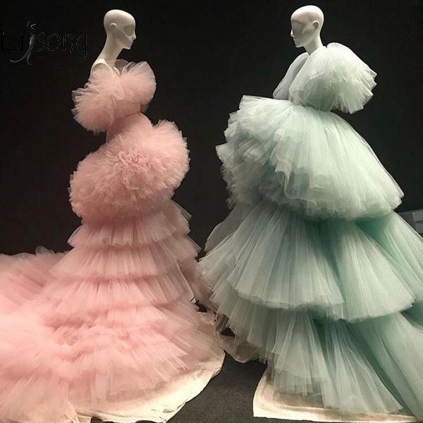 

new trendy mint green tiered ruched long evening dresses ruffles peach pink puffy tutu prom gowns abendkleider lj201119, White;black