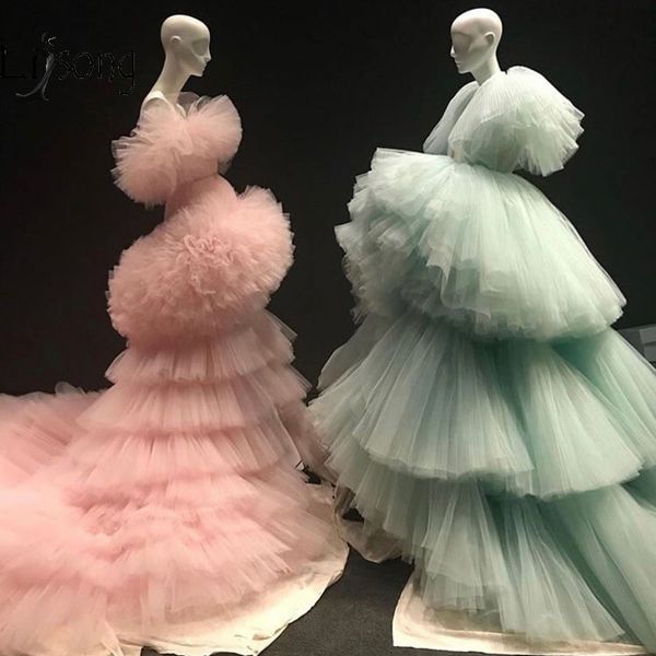 Yeni Trendy Nane Yeşil Katmanlı Dantelli Uzun Abiye Ruffles Şeftali Pembe Kabarık Tutu Balo Abiye Abendkleider LJ201119