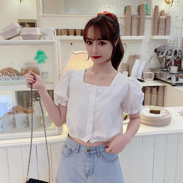 

women summer blouse short sleeve square collar solid color girl lantern sleeve short retro fashion shirts1, White