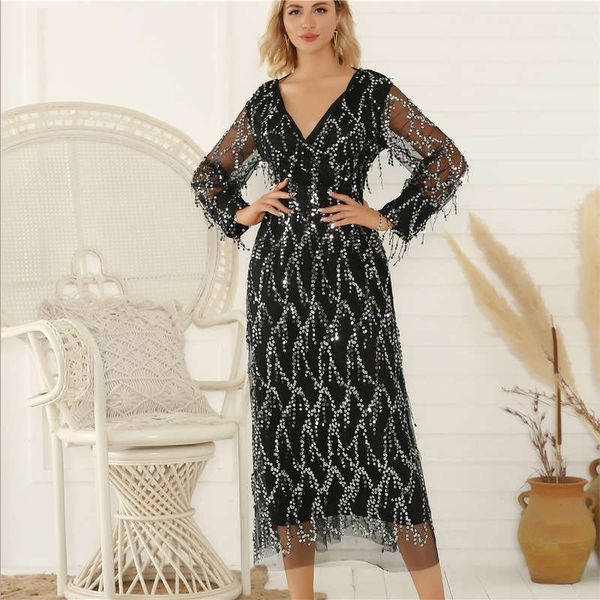 

v-neck fringed sequin dress autumn winter, Black;gray