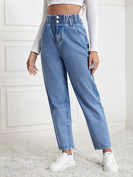 

medium wash elastic waist jeans v2jb#, Blue